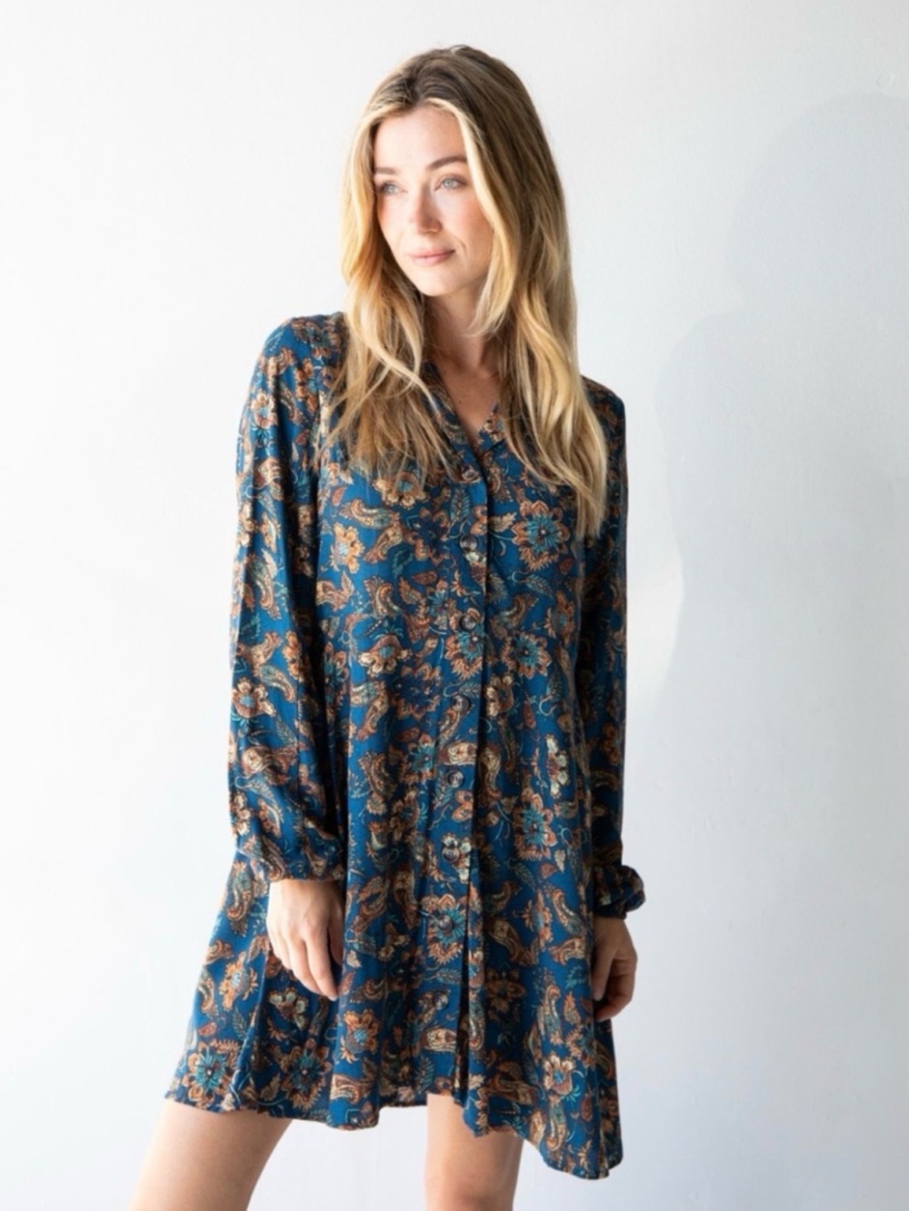 NATURAL LIFE Teal Blue Paisley Dress with Brown Accents